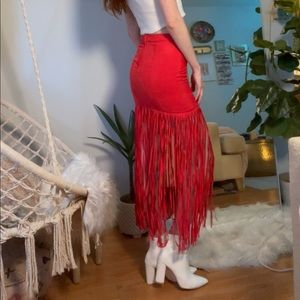 Red Pink fringe miniskirt faux suede